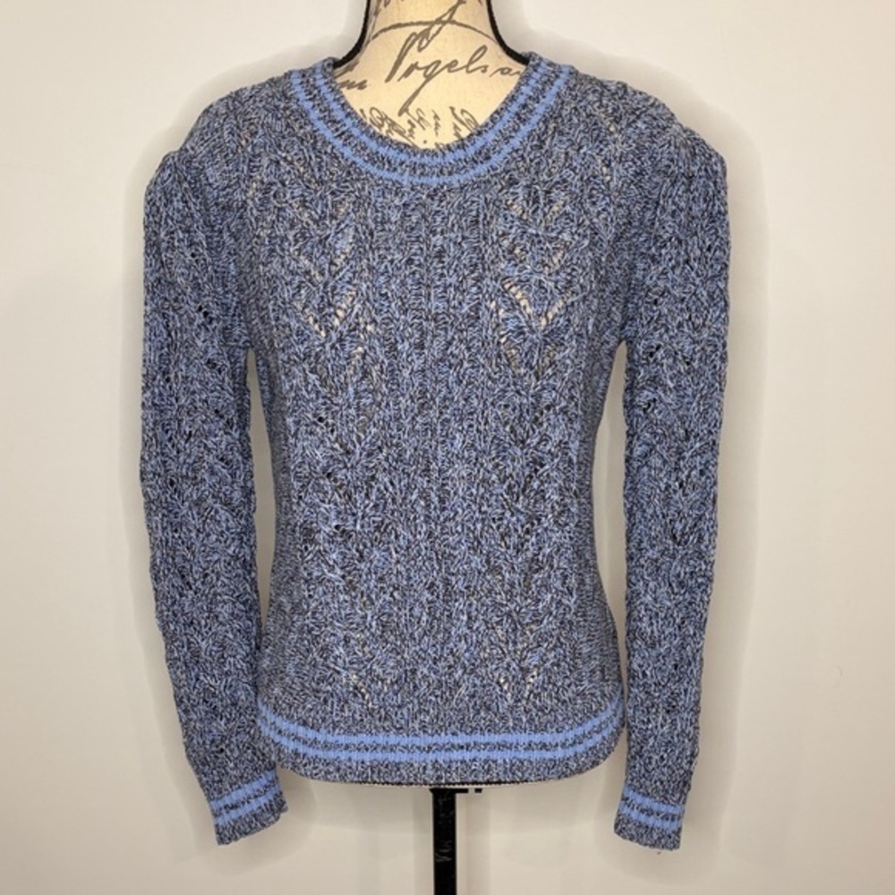 Tyler Boe cotton cable knit puff sleeve sweater blue gray white M